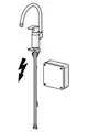 Küchenarmatur von HANSA mit einem gebogenen Auslauf und einem Hebel. Zusätzlich ist ein elektrisches Steuergerät abgebildet, das zur Armatur gehört.